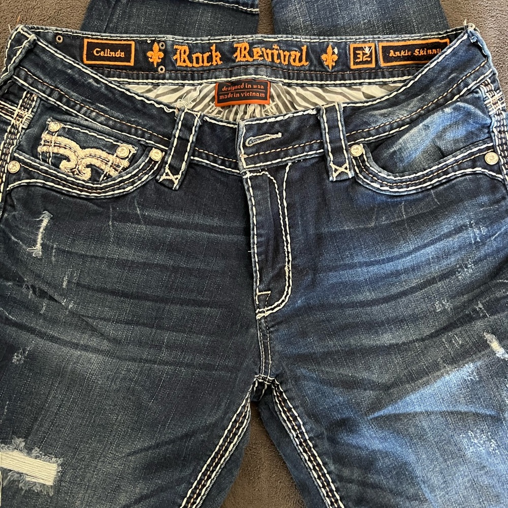 Rock Revival Dark Blue Jeans with White Stitching